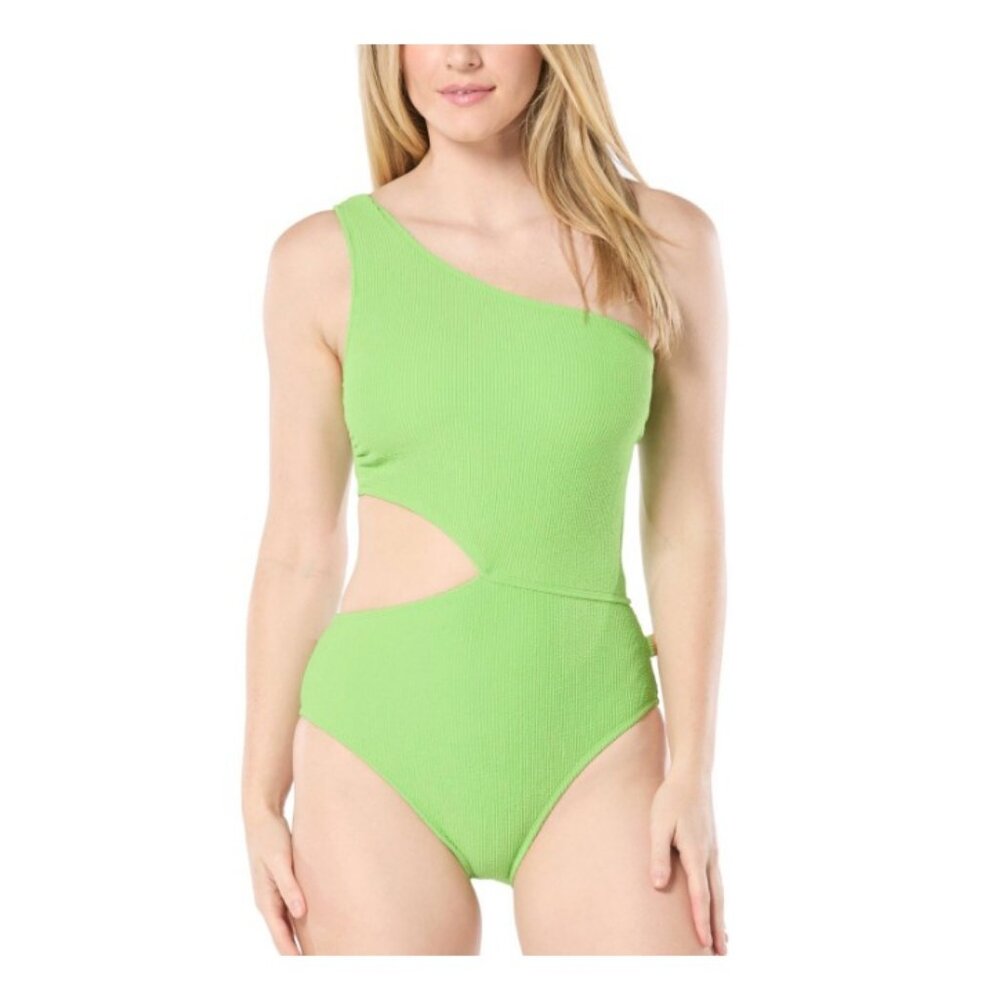 Michael Kors Women's One-Shoulder Side-Cutout Swimsuit Green Apple Size 14